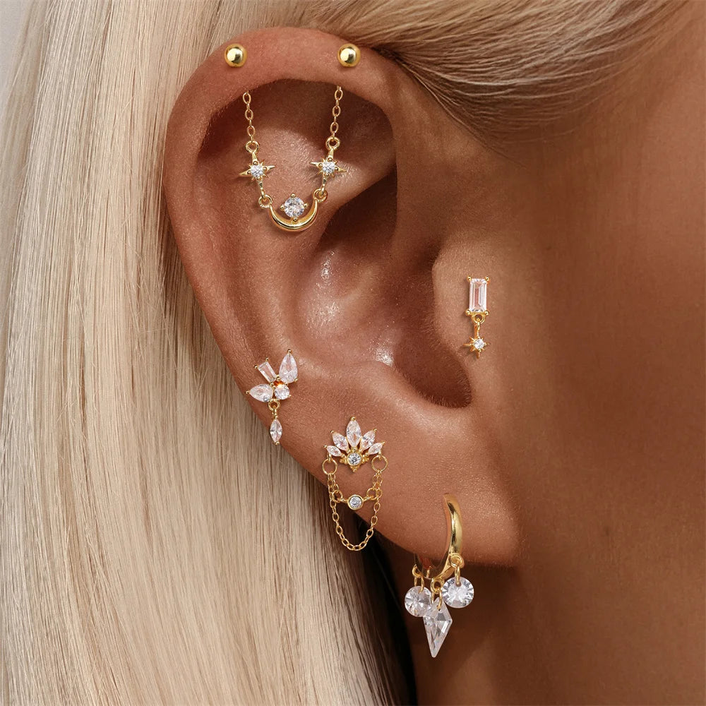 CANNER 1PC 925 Sterling Silver Tassel Chain Eight Pointed Stars Moon Earrings For Women Ins Horse Eye Geometric Zircon Earring♥️