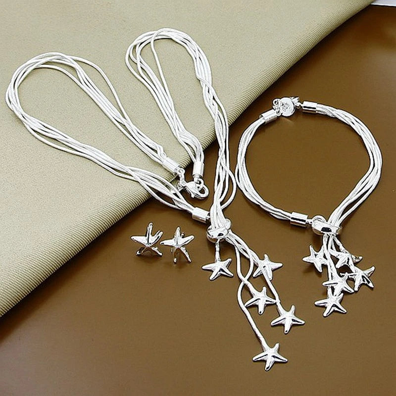 925 Sterling Silver Starfish Snake Chain Necklace Bracelet Earring Set For Woman Wedding Fashion Charm Jewelry🙈