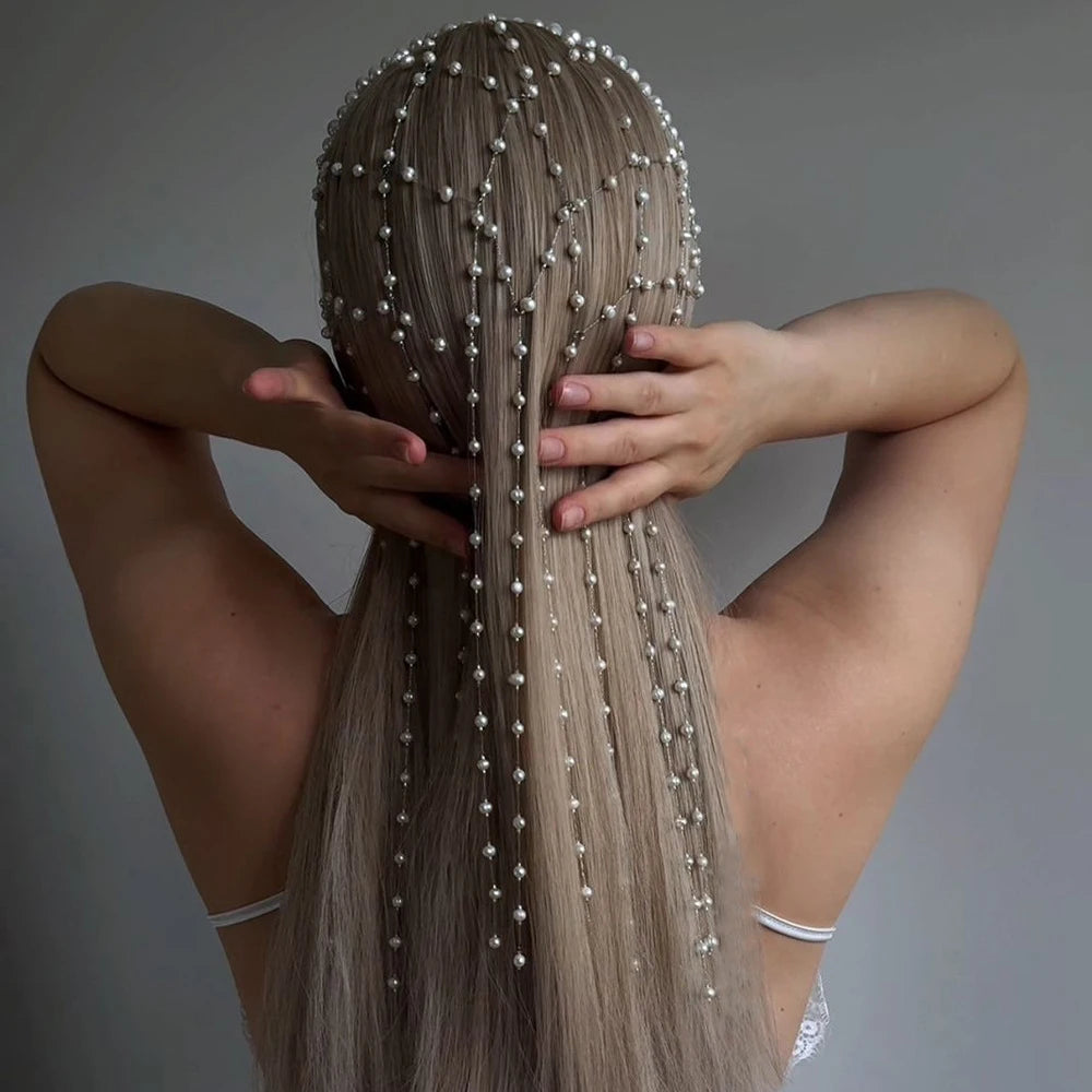 Elegant Imitation Pearl Tassel Headband Tiara Women Wig Jewelry 2025 Hollow Mesh Bridal Hair Chain Headpiece Wedding Accessories