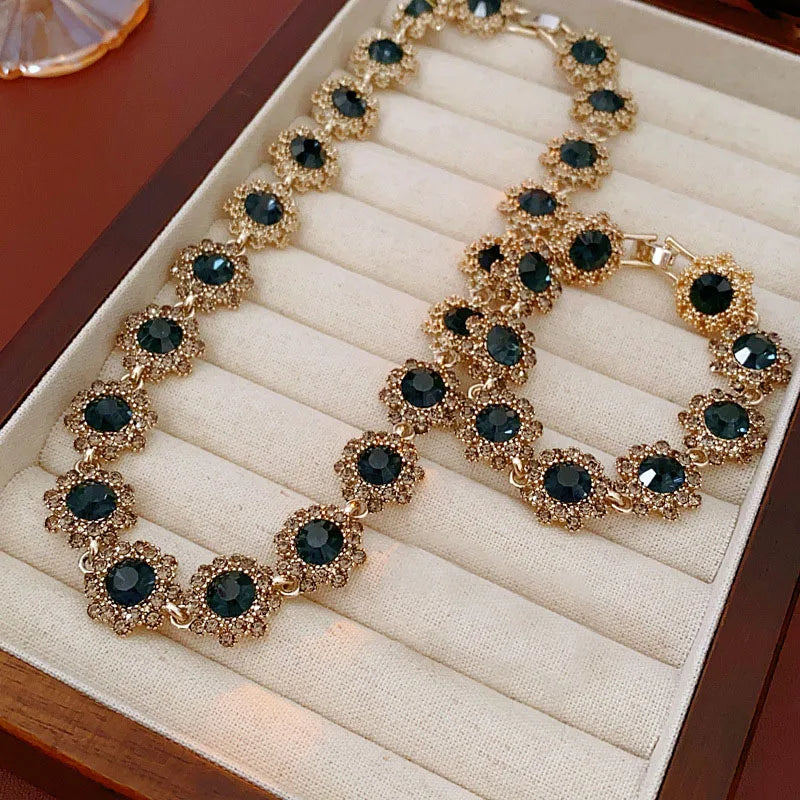 Purple Rhinestone Necklace Earrings Bracelet Set for Women Shiny Flower Choker Necklace  Luxury Wedding Bridal Jewelry Sets🌸