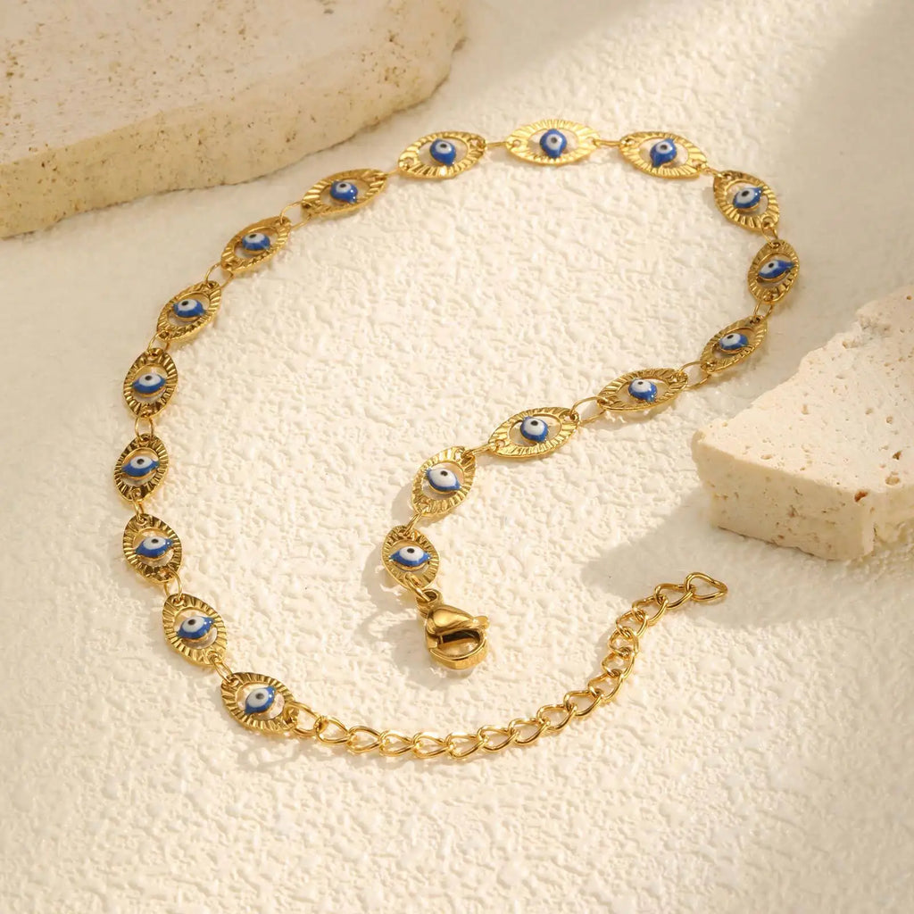 Evil Eye Anklet Bracelet for Women, Adjustable Waterproof Gold Plated Stainless Steel Beach Foot Anklets Summer Jewelry💕