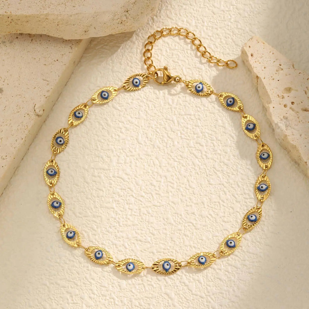 Evil Eye Anklet Bracelet for Women, Adjustable Waterproof Gold Plated Stainless Steel Beach Foot Anklets Summer Jewelry💕