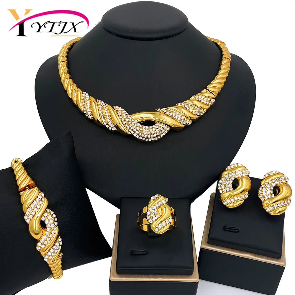 YTJX 4 Pcs Wedding Jewelry Set Fine Zircon Necklace Bracelet Earring Ring For African Dubai Gold Plated Jewellery Accessories❤️