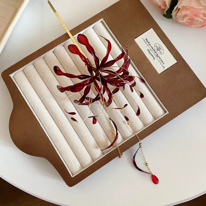 Red Spider Lily Flower Hair Sticks Chinese Style Dripping Oil Long Tassel Chopsticks Women's Side Bangs Clip Hair Accessory