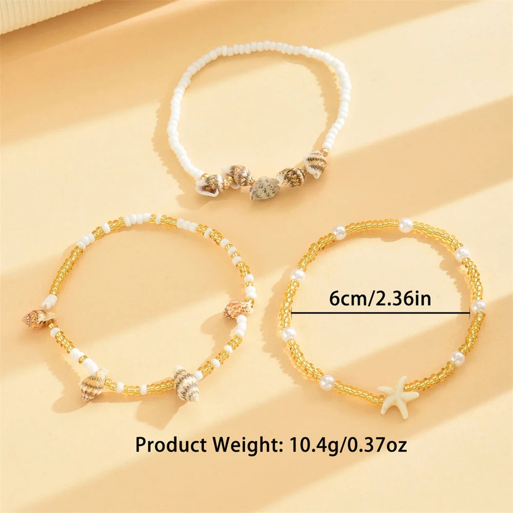 Cute Sea Star Shell Conch Pearl Anklets For Women 3pcs/Set Rice Beads Foot Chain Ankle Bracelet Beach Jewelry Summer Accessories🧡
