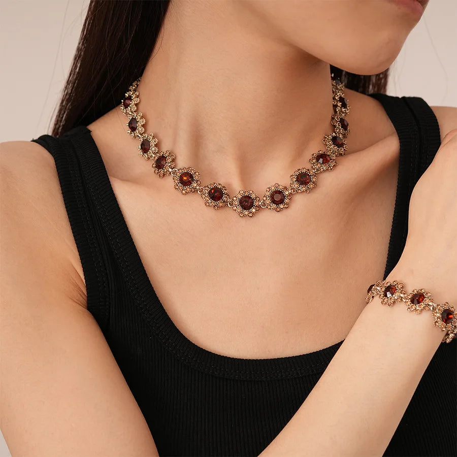 Purple Rhinestone Necklace Earrings Bracelet Set for Women Shiny Flower Choker Necklace  Luxury Wedding Bridal Jewelry Sets🌸