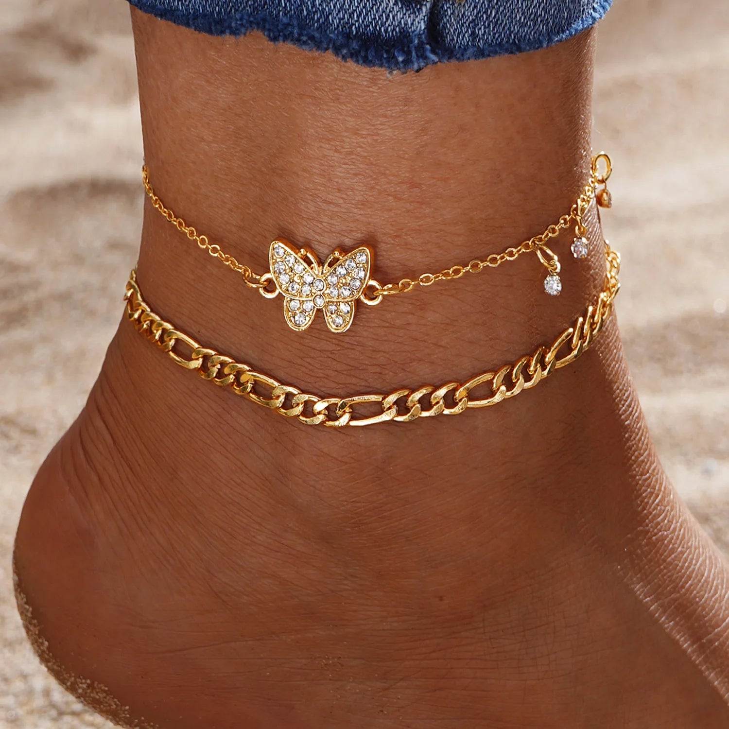 Gold Color Vintage Butterfly Anklet Set For Women Multilayers Adjustable Love Anklet Bracelet On Leg Foot Beach Jewelry