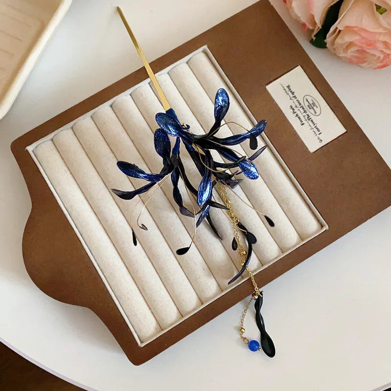 Red Spider Lily Flower Hair Sticks Chinese Style Dripping Oil Long Tassel Chopsticks Women's Side Bangs Clip Hair Accessory