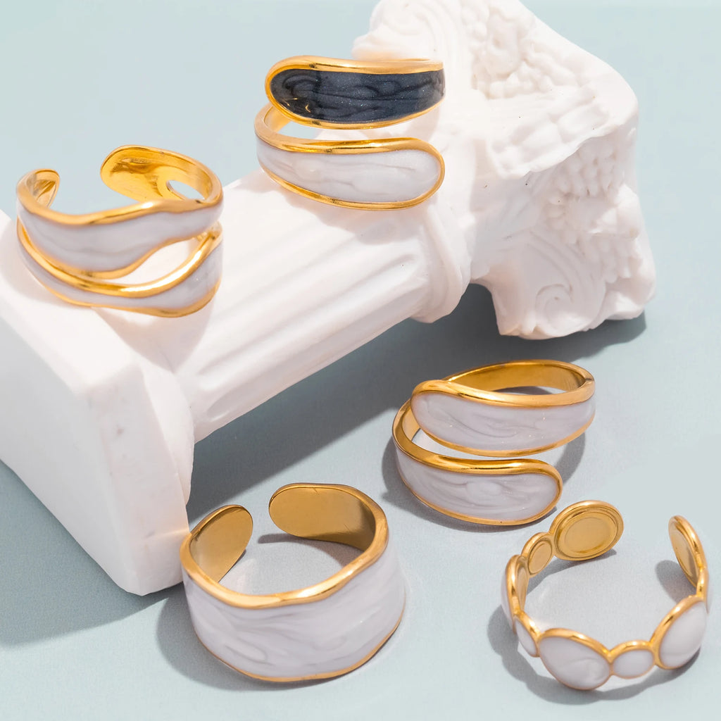 UHBINYCA Simple Black and White Cold Enamel Ring, Stainless Steel Ring with Adjustable Opening|Lurea accessories ♥️