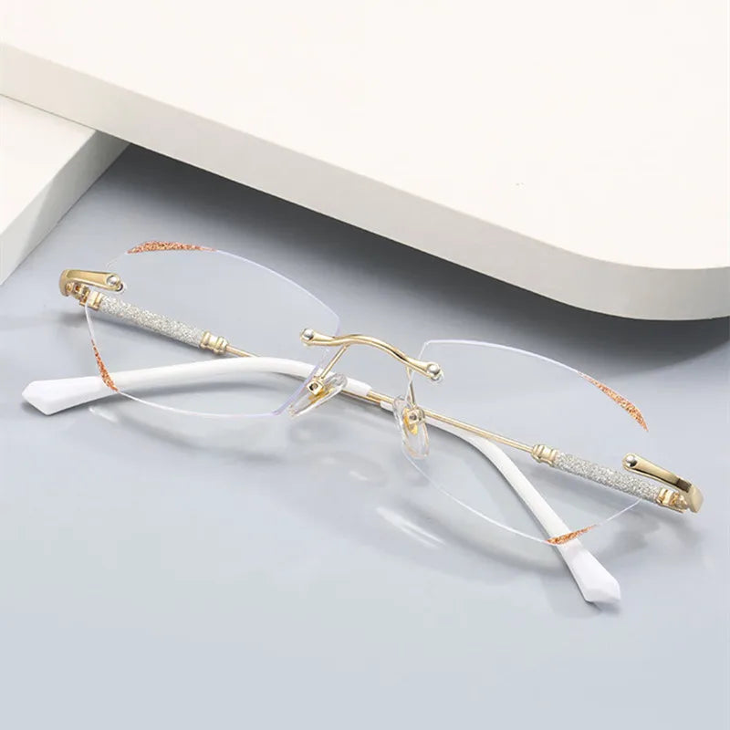 Diamond Trimmed Rimless Reading Glasses Women High Quality Fashion Light Luxury Anti-blue light Presbyopic Lady Eyeglasses♥️