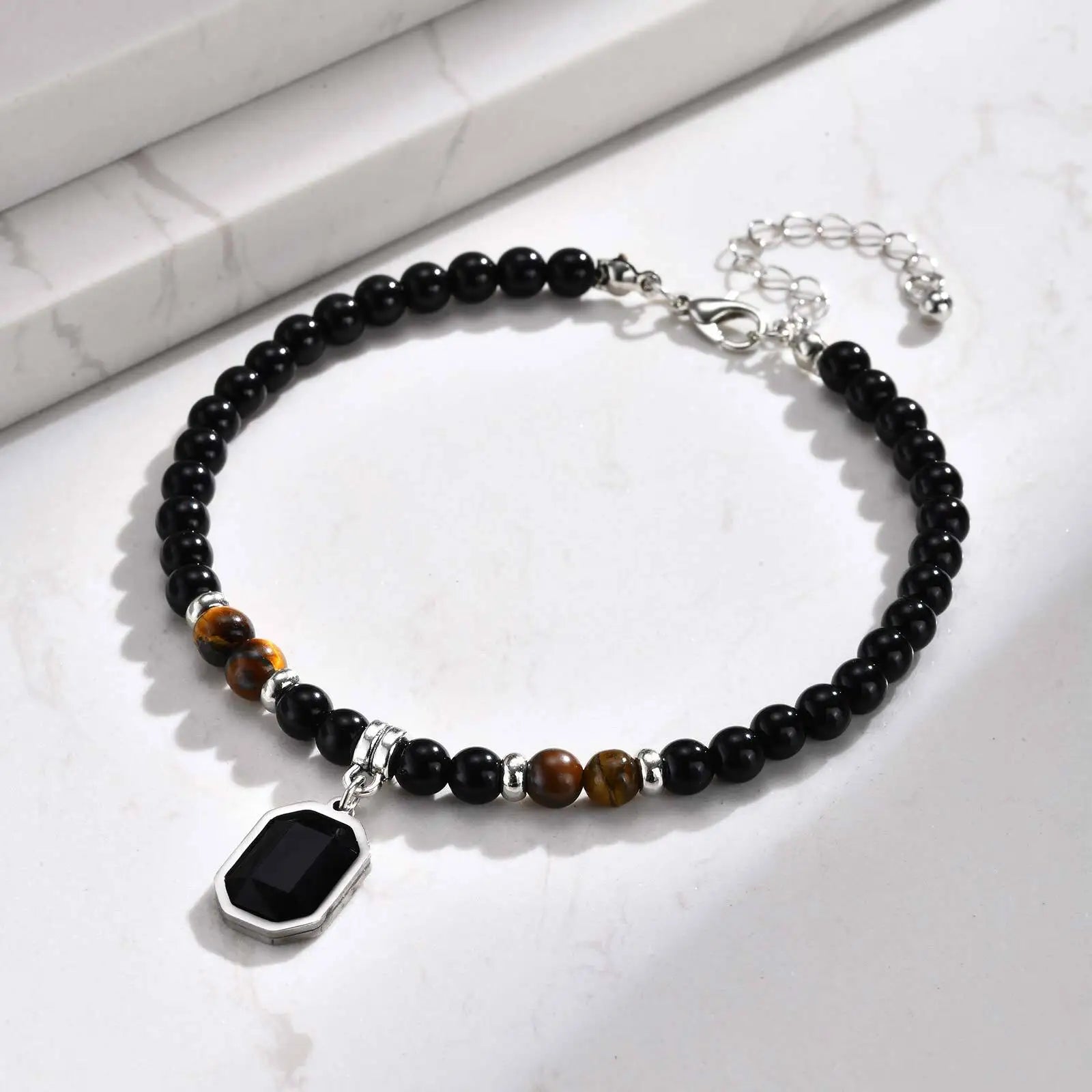 Tiger Eye Stone Glass Bead Anklet for Men,Stainless Steel Black Glass Square Charm Ankle Bracelet,Trendy Jewelry Gifts♥️