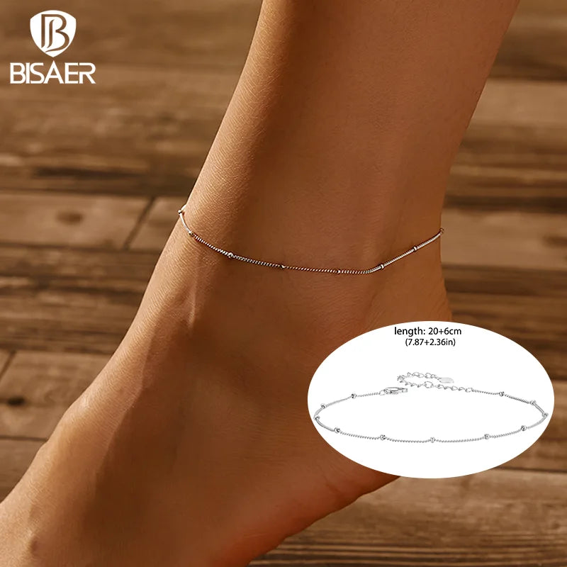 BISAER 925 Sterling Silver Round Beads Anklets,Waterproof Hypoallergenic Infinite Love Chain For Women Fine Jewelry Holiday Gift