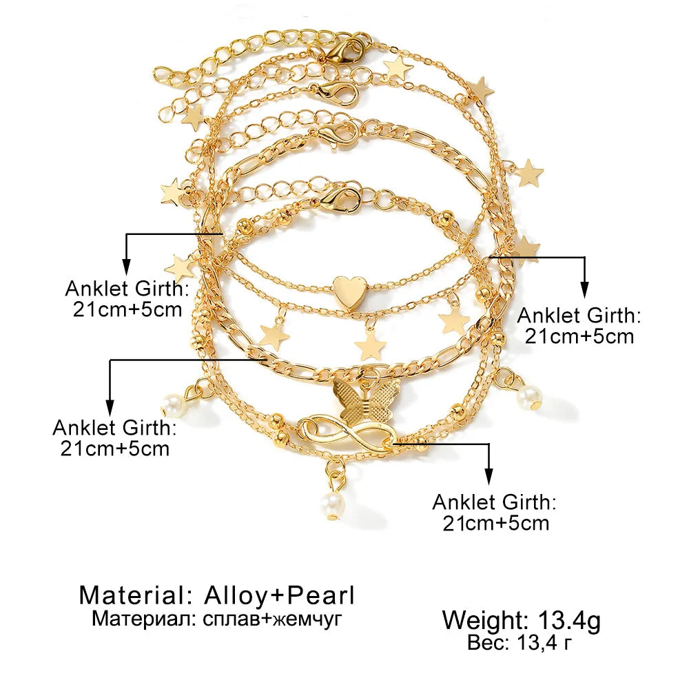 Gold Color Vintage Butterfly Anklet Set For Women Multilayers Adjustable Love Anklet Bracelet On Leg Foot Beach Jewelry❤️