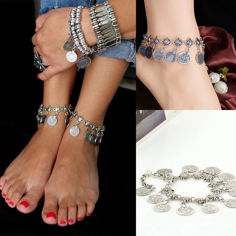 Bohemia Silver Color Coin Women's Anklet Chain Strap Foot Bracelet Barefoot Sandals Indian Jewelry Beach Accessories For Women🩷