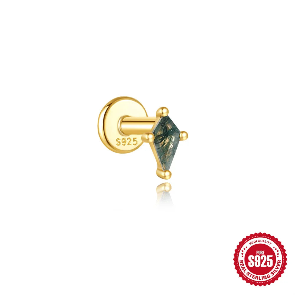 CANNER 1Pc 925 Silver Simple Horse Eye Natural Water Grass Round Surface Stud Earrings For Women 18K Gold Green Moss Ins Jewelry💚