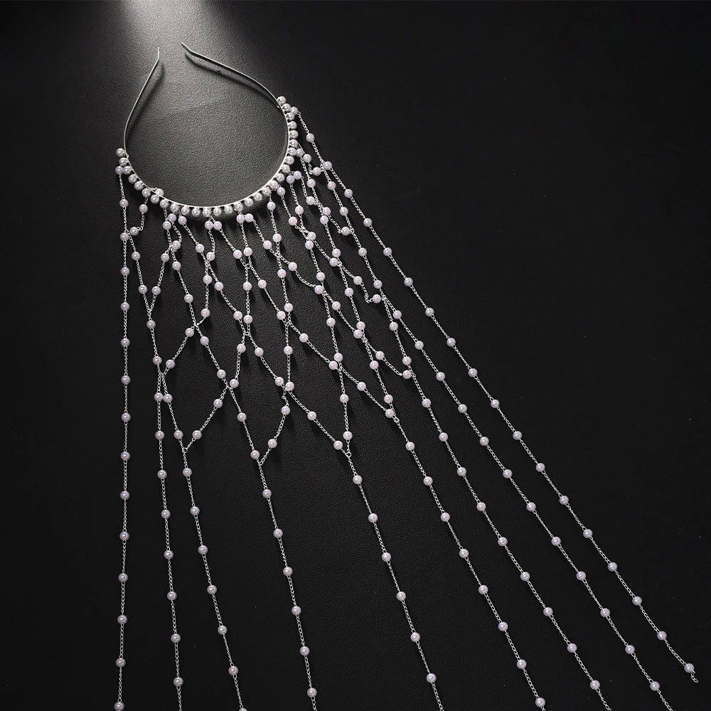 Elegant Imitation Pearl Tassel Headband Tiara Women Wig Jewelry 2025 Hollow Mesh Bridal Hair Chain Headpiece Wedding Accessories