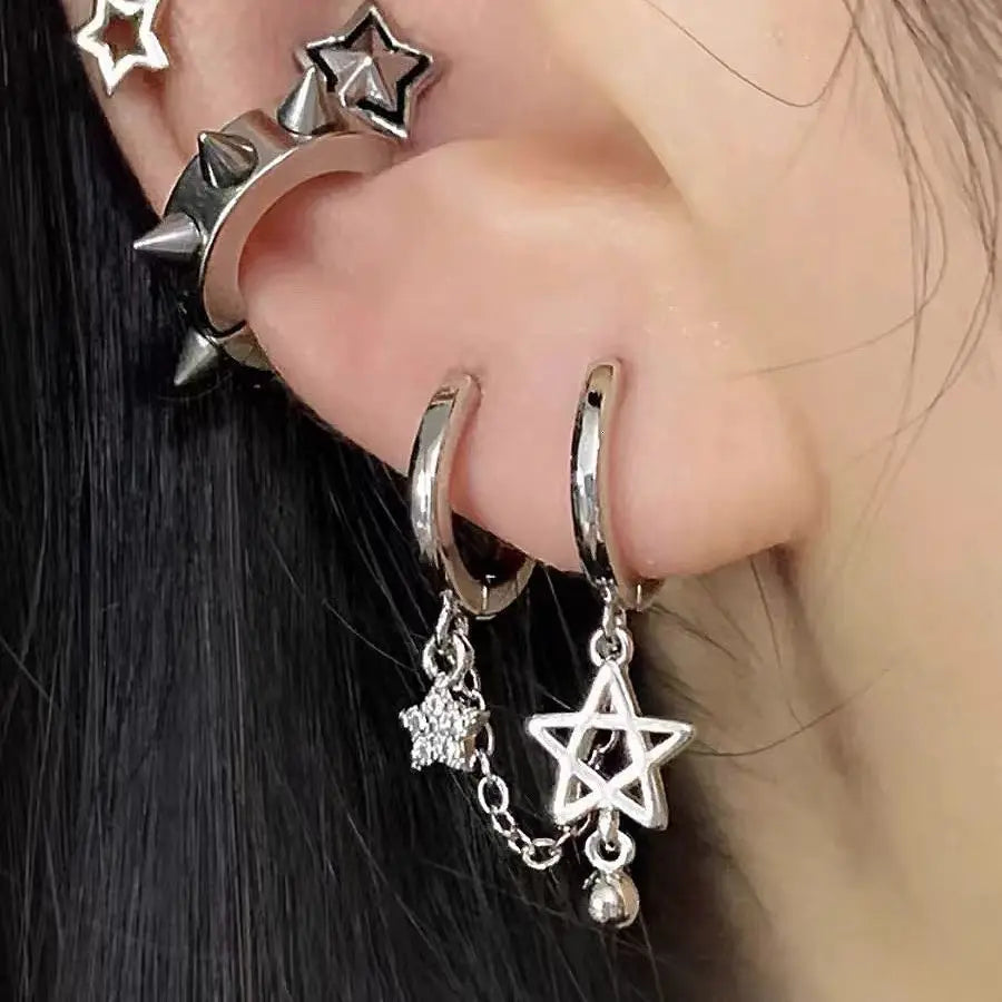 1PCS Silver Color Star Chain Double Ear Hole Stainless Steel Ear Bone Nail Y2K Fashion Hottie Earrings for Women Jewelry💛