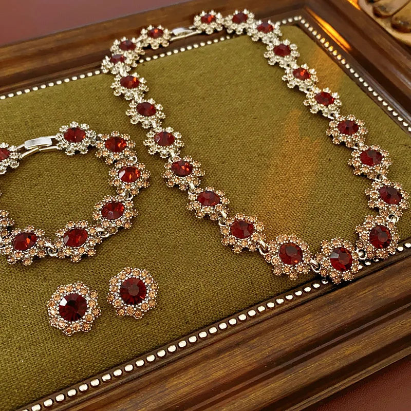 Purple Rhinestone Necklace Earrings Bracelet Set for Women Shiny Flower Choker Necklace  Luxury Wedding Bridal Jewelry Sets🌸