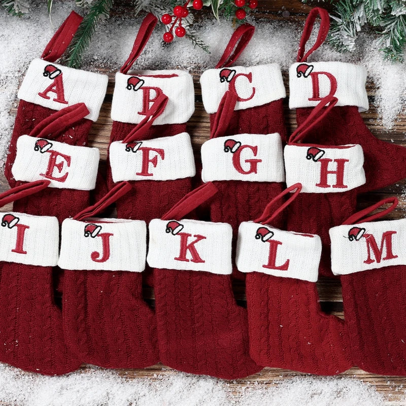 Letters Christmas Stocking New Knitting Christmas Tree Pendant Decorations For Home Xmas Gift Santa Hat Alphabet Christmas Socks