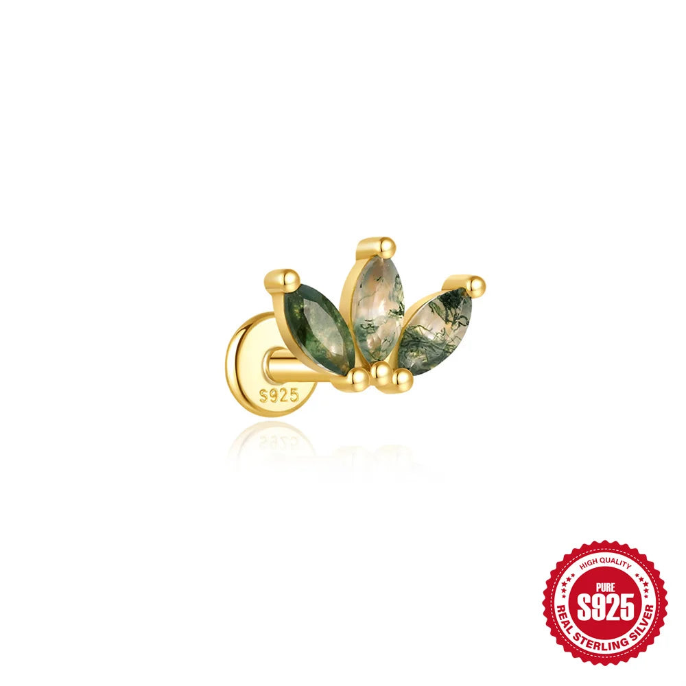 CANNER 1Pc 925 Silver Simple Horse Eye Natural Water Grass Round Surface Stud Earrings For Women 18K Gold Green Moss Ins Jewelry💚