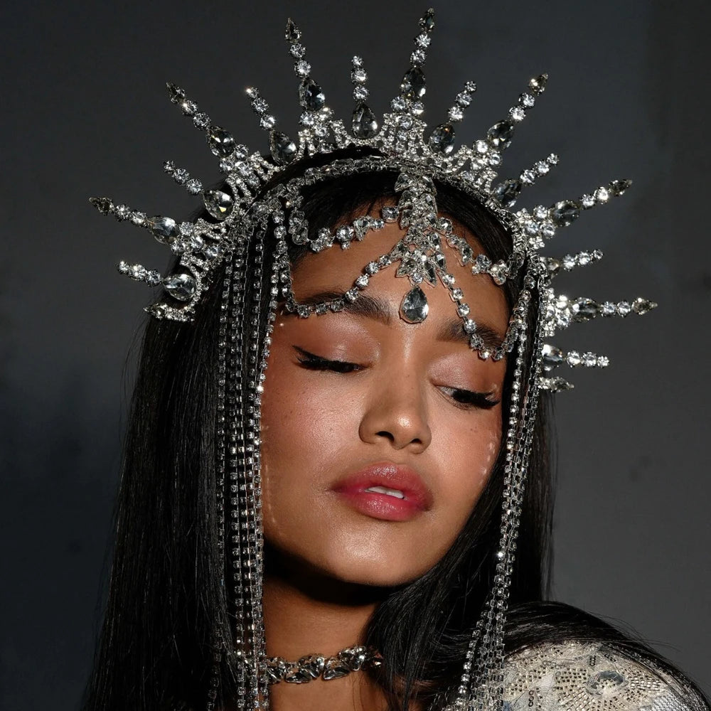 Drag Queen Tassel Hairband Crown Performance Head Accessories Ethnic Exaggerated Rhinestone Hair Chain Headpiece Party for Women