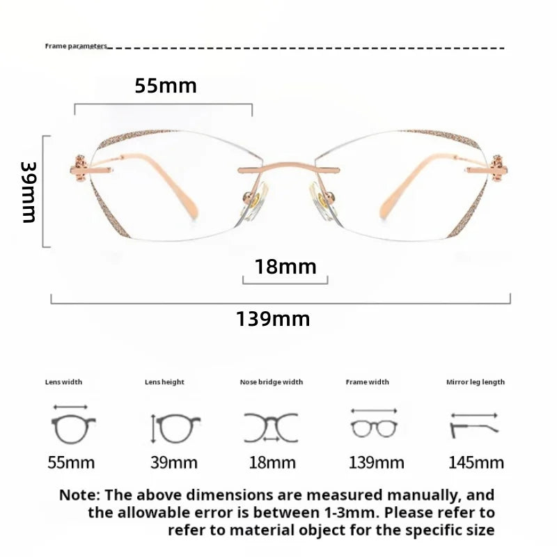 Customize Diamond Cutting Rimless Ladies Cat's Eye Glasses Anti Blue Light Eyeglasses Prescription Eyewear Diopter HM-61080🥂