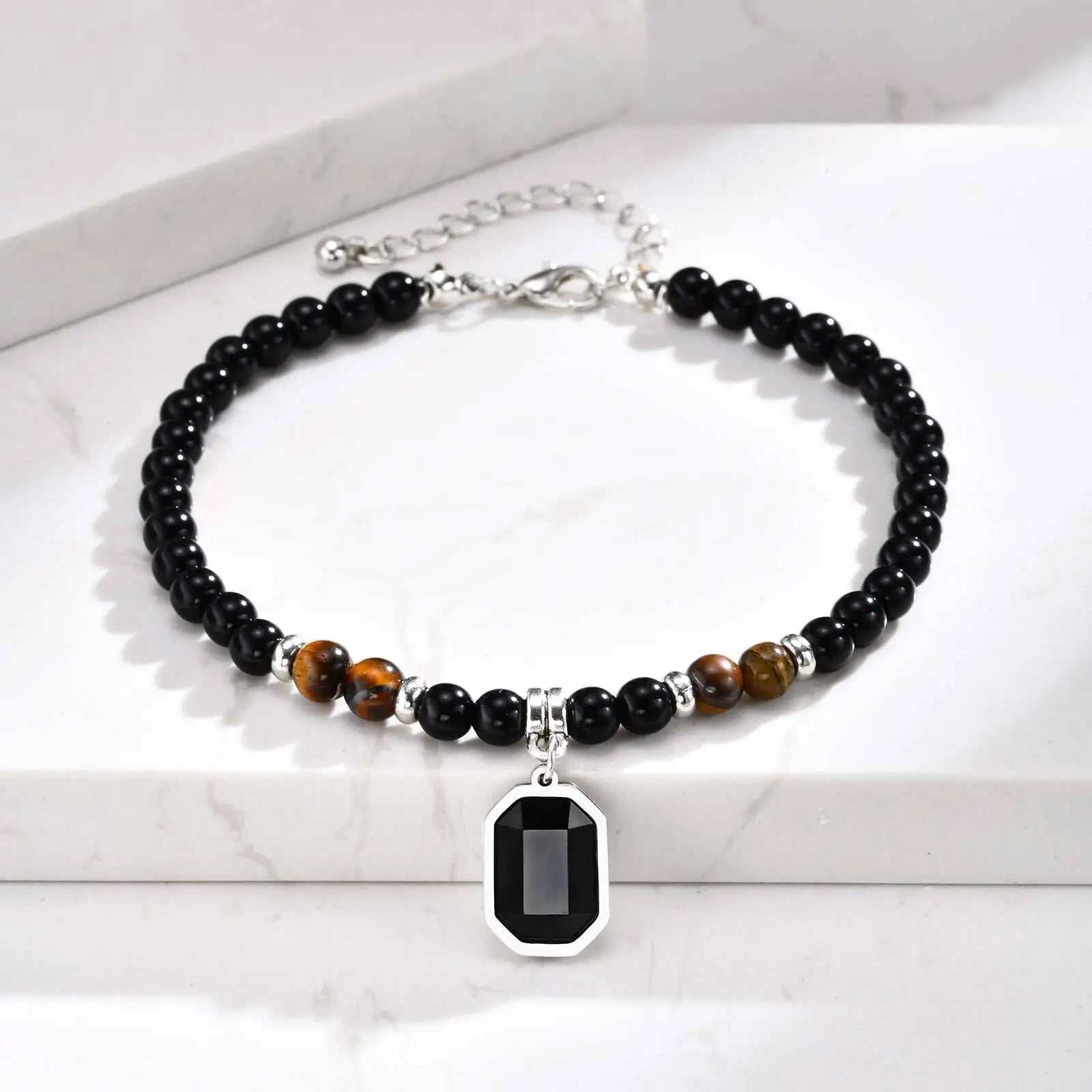 Tiger Eye Stone Glass Bead Anklet for Men,Stainless Steel Black Glass Square Charm Ankle Bracelet,Trendy Jewelry Gifts