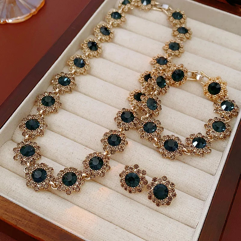 Purple Rhinestone Necklace Earrings Bracelet Set for Women Shiny Flower Choker Necklace  Luxury Wedding Bridal Jewelry Sets🌸