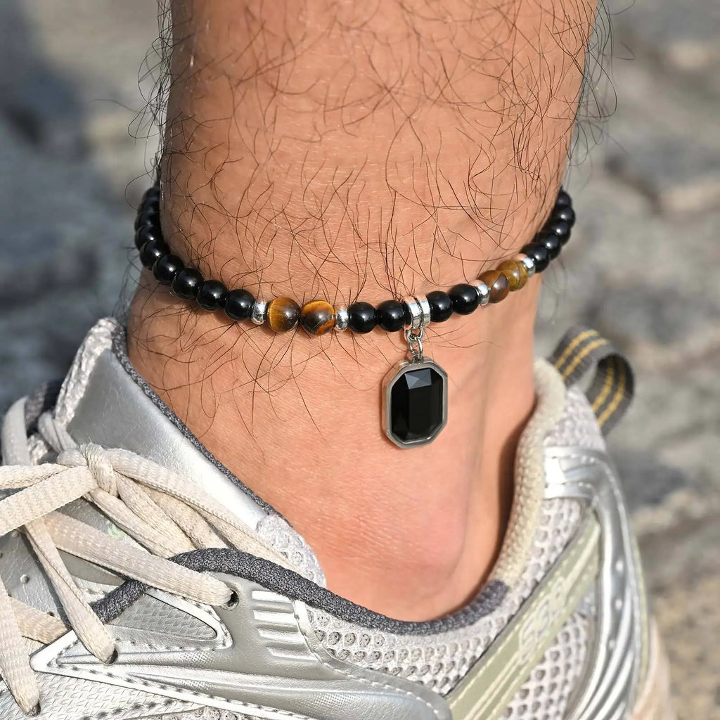 Tiger Eye Stone Glass Bead Anklet for Men,Stainless Steel Black Glass Square Charm Ankle Bracelet,Trendy Jewelry Gifts♥️
