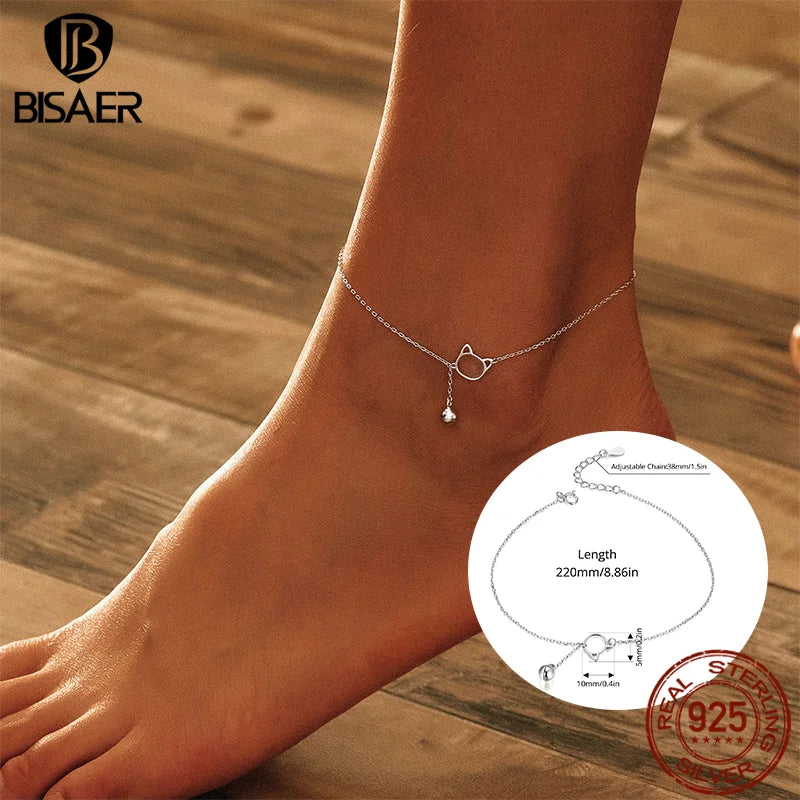 BISAER 925 Sterling Silver Round Beads Anklets,Waterproof Hypoallergenic Infinite Love Chain For Women Fine Jewelry Holiday Gift