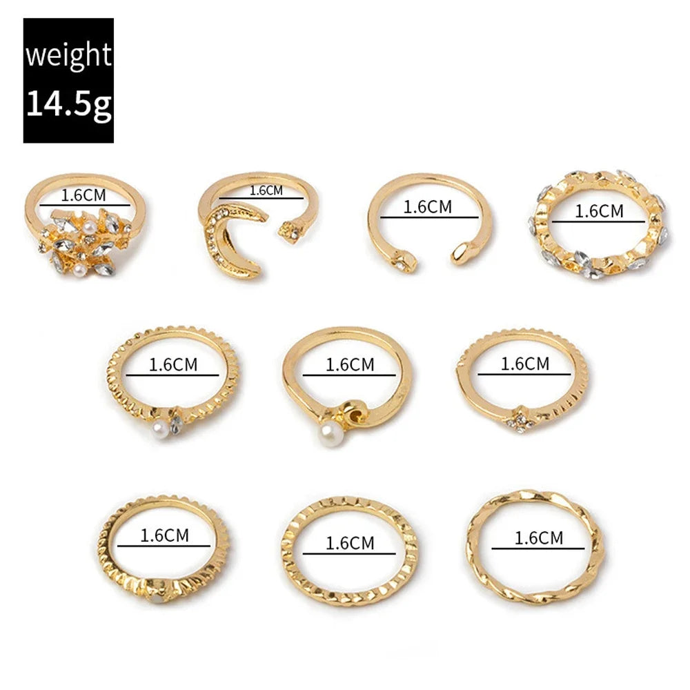FSUNION 2025 10Pcs Rings Suit For Women Gold-color Chain Ring Set Bohemian Style Coin Snake Moon Star Party Trend Gift| Lurea accessories ✨️