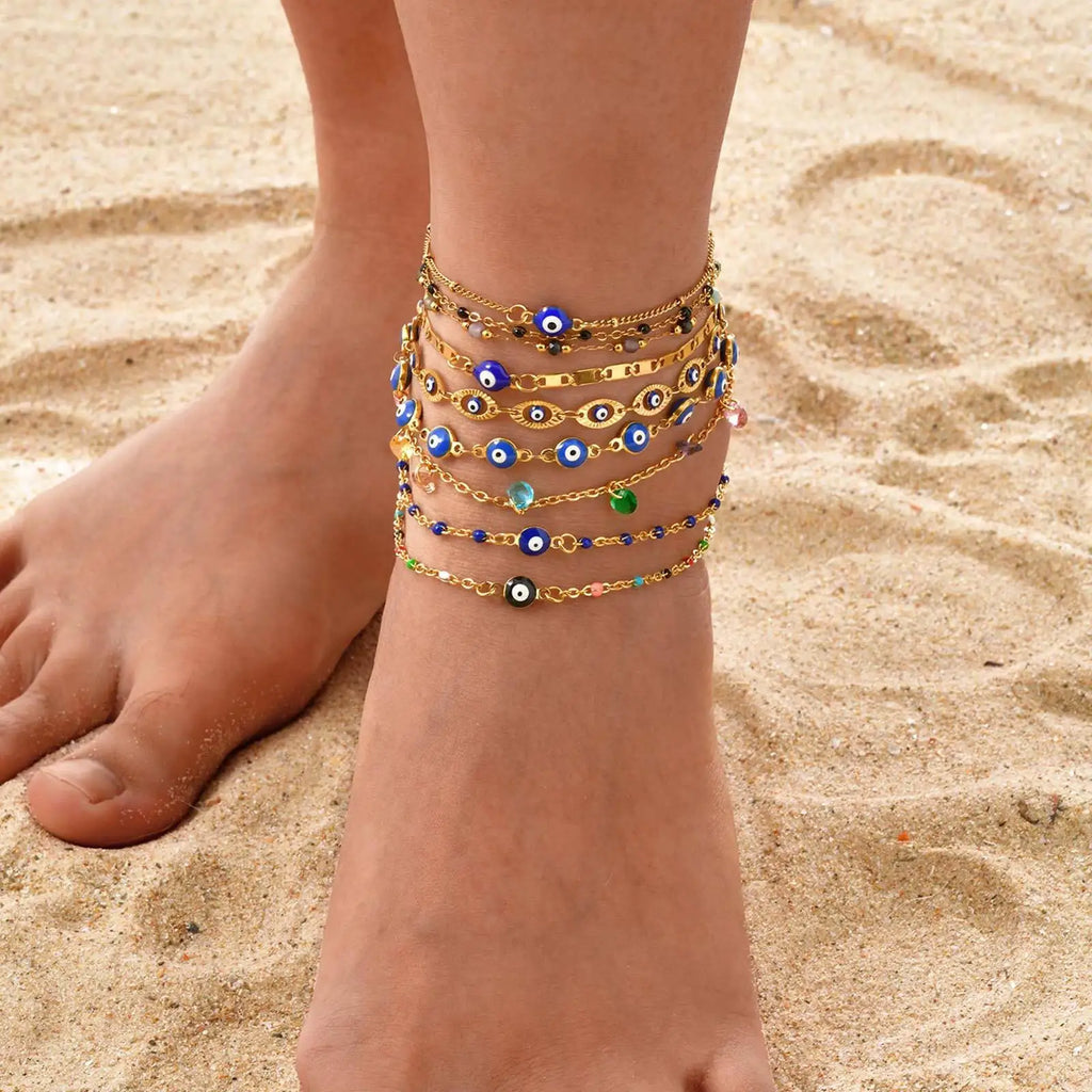 Evil Eye Anklet Bracelet for Women, 18K Gold Plated Stainless Steel, Adjustable Waterproof Evil Eye Jewelry✨️