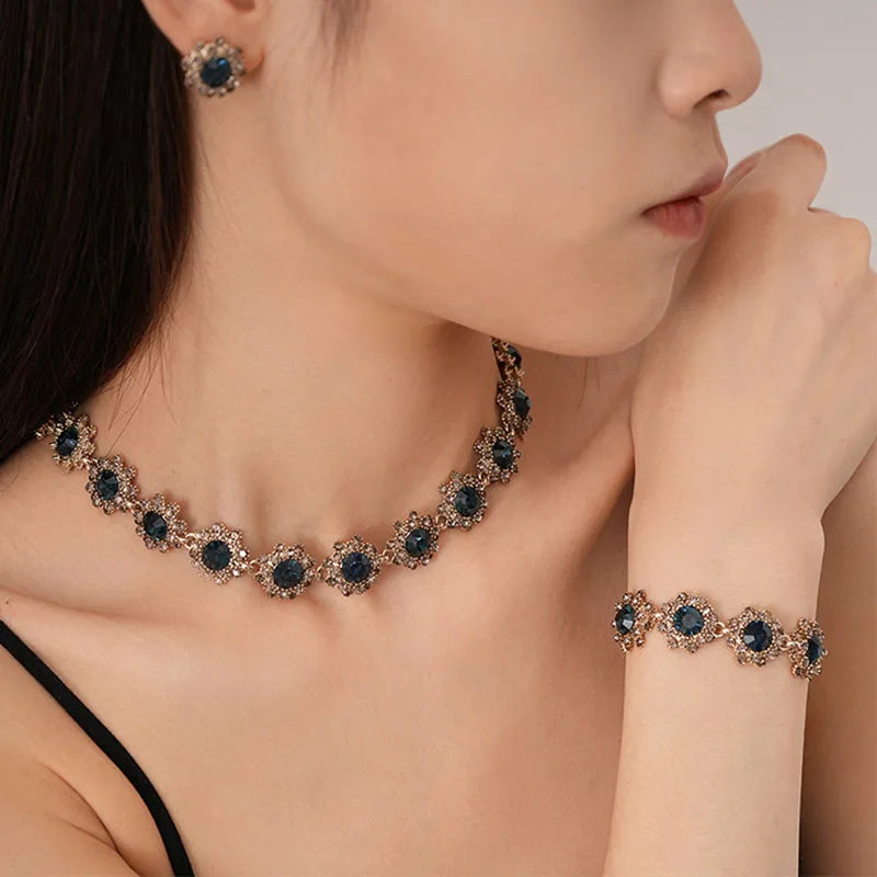 Purple Rhinestone Necklace Earrings Bracelet Set for Women Shiny Flower Choker Necklace  Luxury Wedding Bridal Jewelry Sets🌸