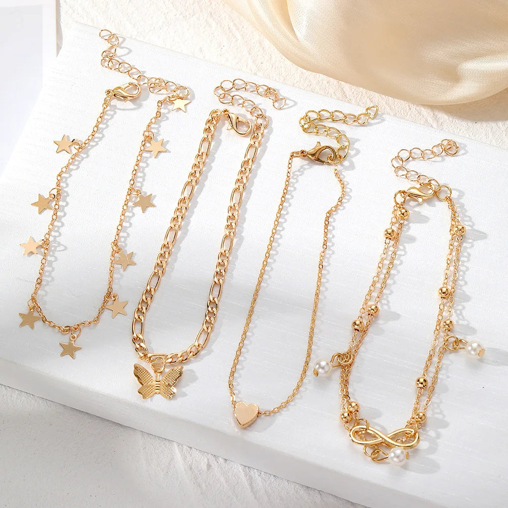 Gold Color Vintage Butterfly Anklet Set For Women Multilayers Adjustable Love Anklet Bracelet On Leg Foot Beach Jewelry