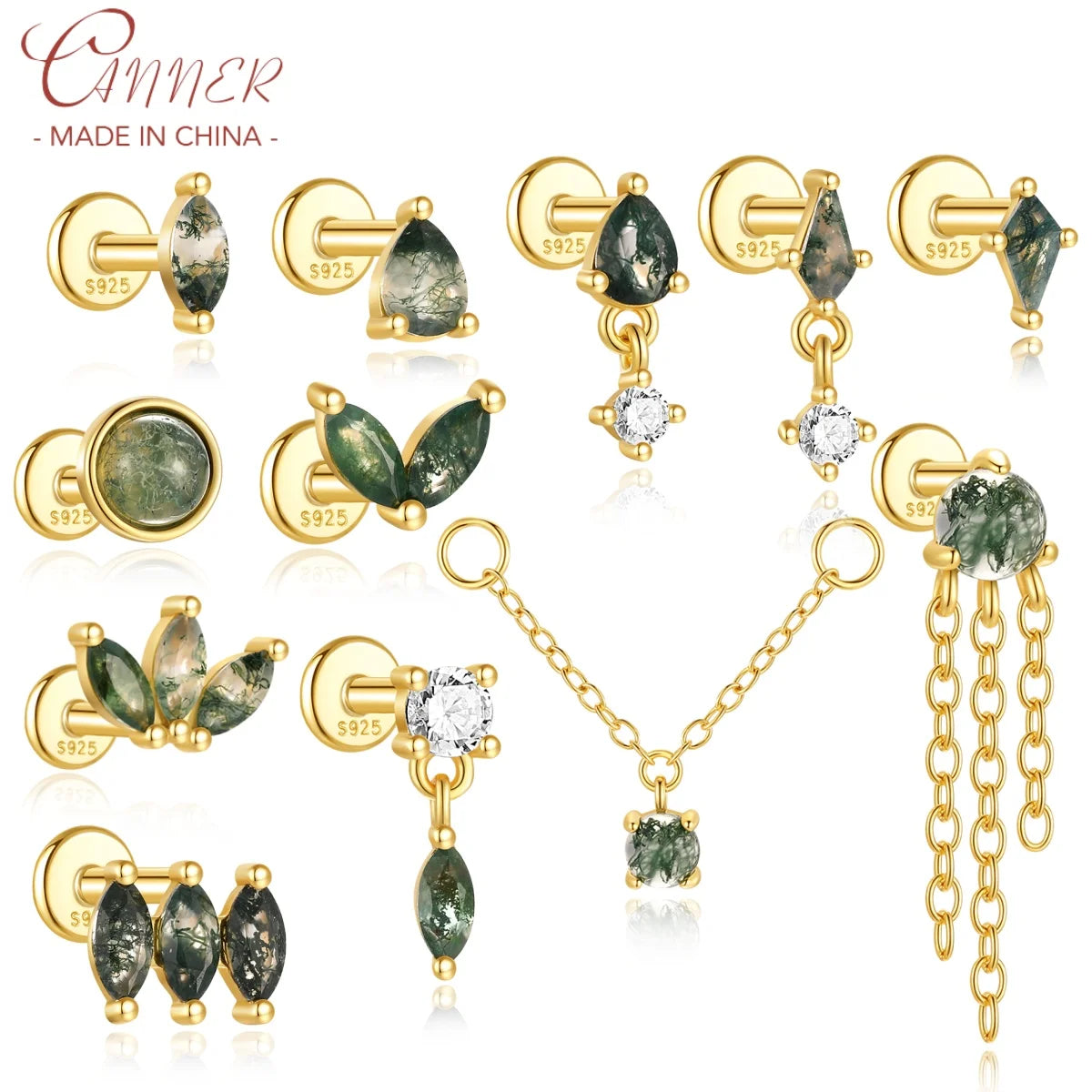 CANNER 1Pc 925 Silver Simple Horse Eye Natural Water Grass Round Surface Stud Earrings For Women 18K Gold Green Moss Ins Jewelry💚