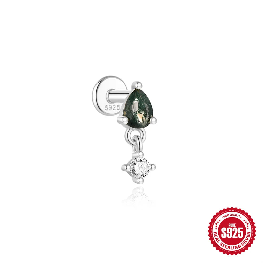 CANNER 1Pc 925 Silver Simple Horse Eye Natural Water Grass Round Surface Stud Earrings For Women 18K Gold Green Moss Ins Jewelry💚