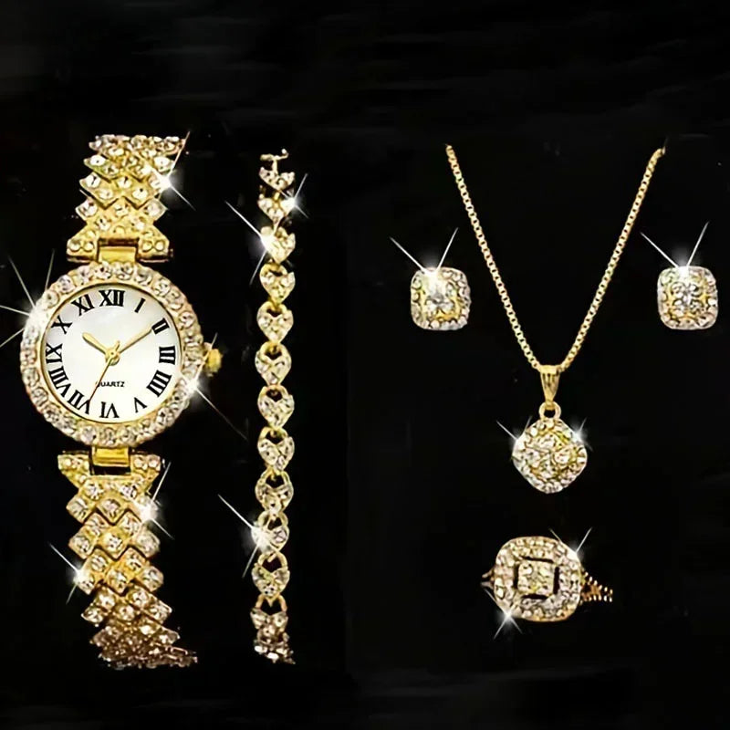 Fashion Luxury Full Crystal 5 Pcs Watch  Necklace Earrings  Ring  Set for Women Rhinestone  Wristwatch Female Bracelet Set Gift💘