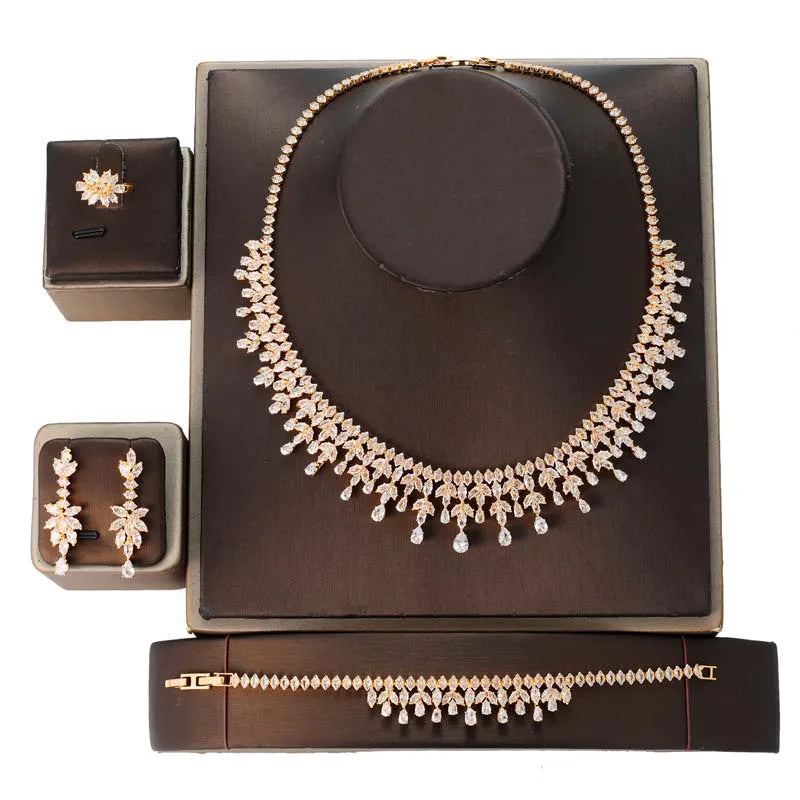 Jewelry Set HADIYANA Cubic Zirconia Women Water-drop Jewelry Set BN8593 Necklace Bracelet Earrings And Ring Birthday Gift💕