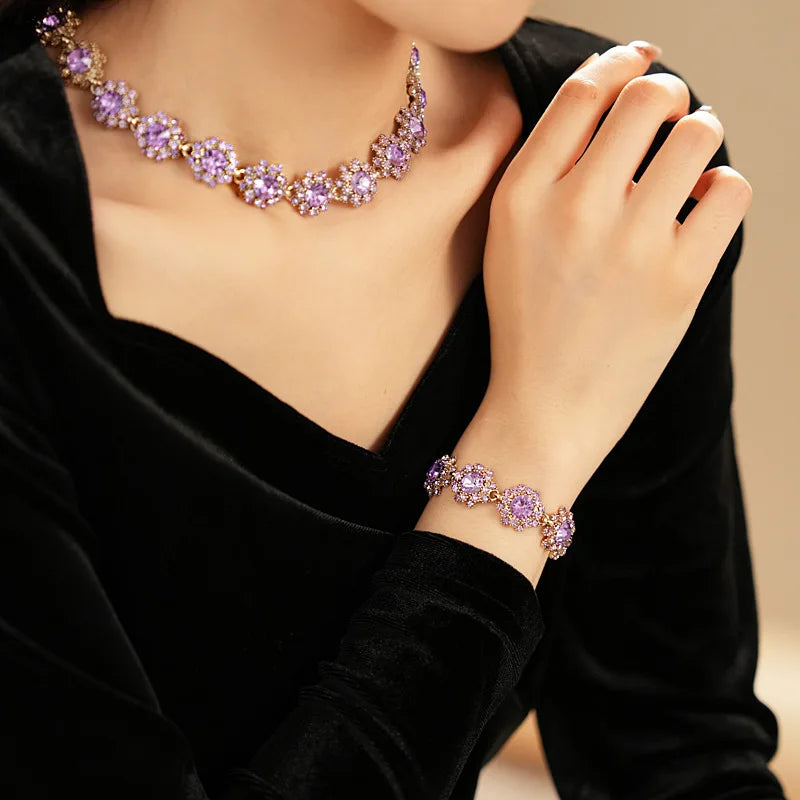 Purple Rhinestone Necklace Earrings Bracelet Set for Women Shiny Flower Choker Necklace  Luxury Wedding Bridal Jewelry Sets🌸