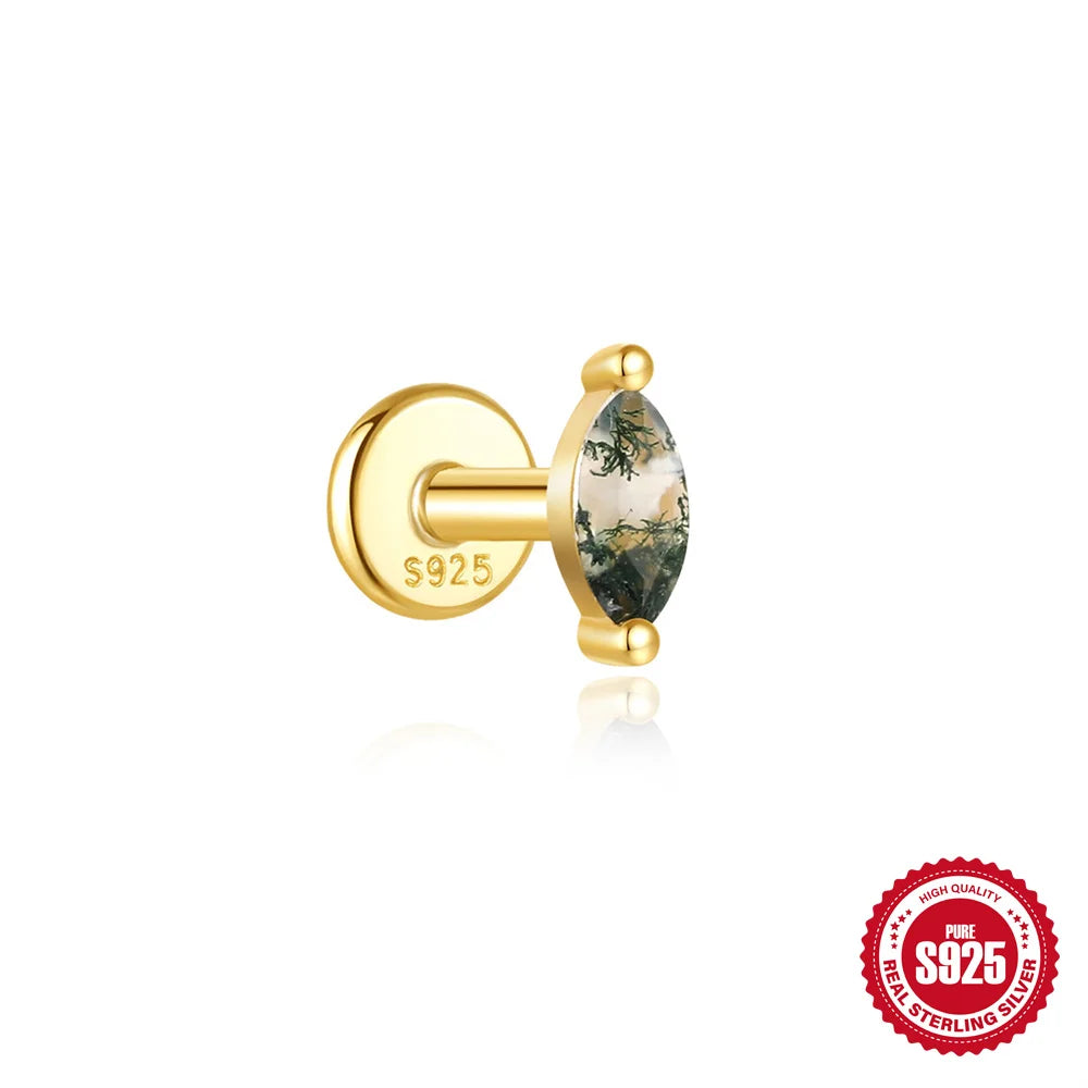 CANNER 1Pc 925 Silver Simple Horse Eye Natural Water Grass Round Surface Stud Earrings For Women 18K Gold Green Moss Ins Jewelry💚