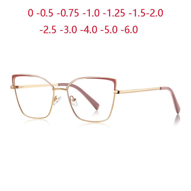 0 -0.5 -0.75 To -6.0 Pink Gold Frame Cat Eye Minus Myopia Glasses Women 1.56 Aspheric Anti Blue Light Prescription Spectacles❤️