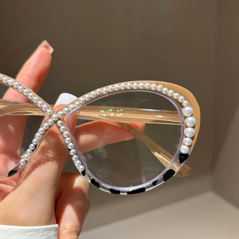 High Quality Luxury Pearl Reading Glasses Women Large frame Elegant Anti Blue Light Fashion Prescription Glasses♥️