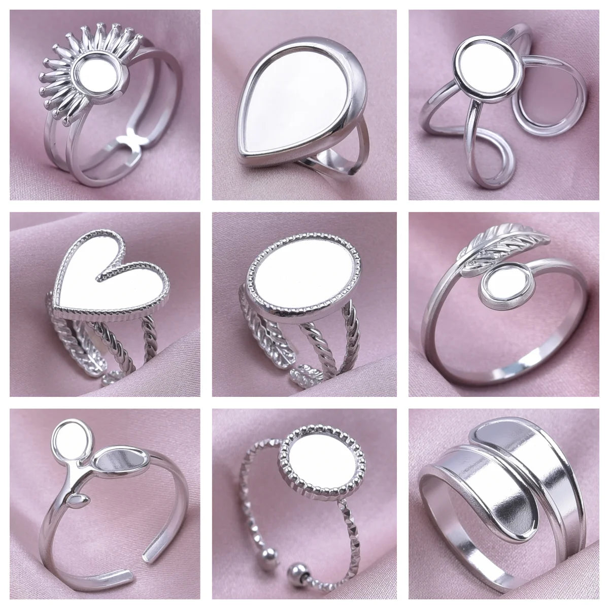7pcs  Blank Base High Quality Stainless Steel Silver Color Ring Oval Peach Heart Quadrilateral Opening Adjustable Rings Femmes💕| Lurea accessories
