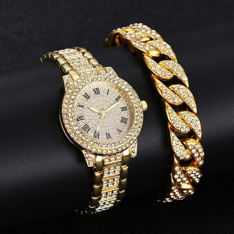 Fashion Luxury Full Crystal 5 Pcs Watch  Necklace Earrings  Ring  Set for Women Rhinestone  Wristwatch Female Bracelet Set Gift💘