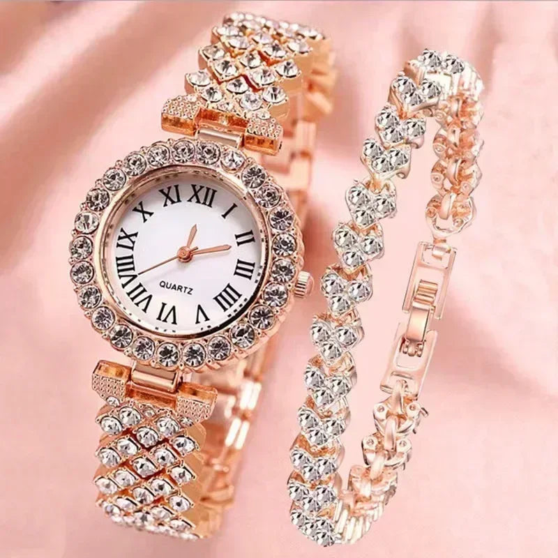 Fashion Luxury Full Crystal 5 Pcs Watch  Necklace Earrings  Ring  Set for Women Rhinestone  Wristwatch Female Bracelet Set Gift💘