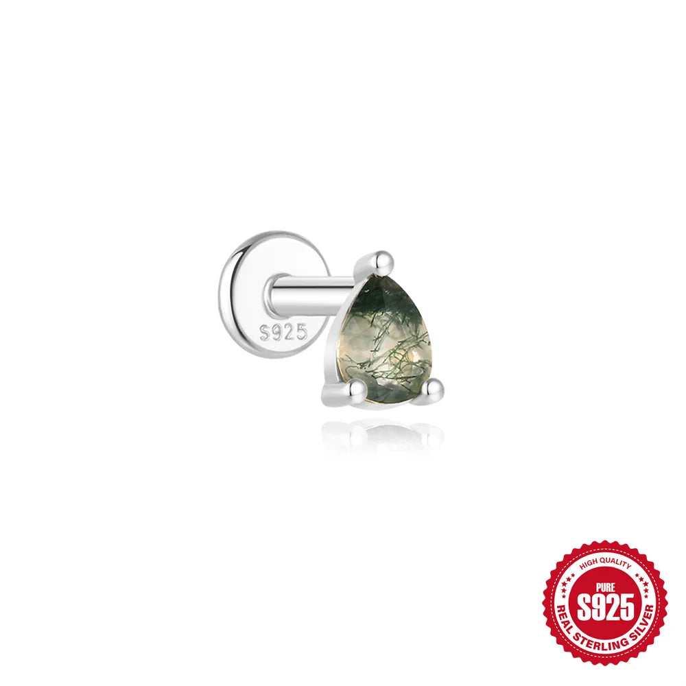 CANNER 1Pc 925 Silver Simple Horse Eye Natural Water Grass Round Surface Stud Earrings For Women 18K Gold Green Moss Ins Jewelry💚