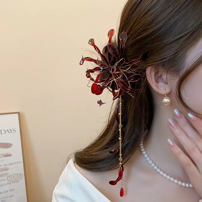 Red Spider Lily Flower Hair Sticks Chinese Style Dripping Oil Long Tassel Chopsticks Women's Side Bangs Clip Hair Accessory