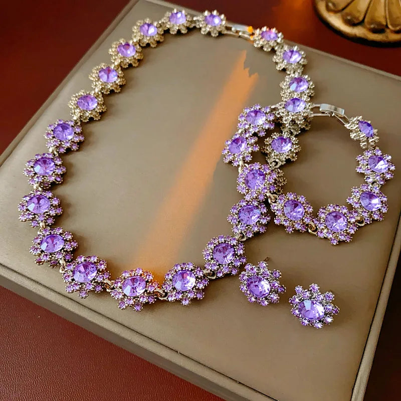 Purple Rhinestone Necklace Earrings Bracelet Set for Women Shiny Flower Choker Necklace  Luxury Wedding Bridal Jewelry Sets🌸