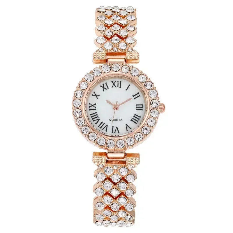 Fashion Luxury Full Crystal 5 Pcs Watch  Necklace Earrings  Ring  Set for Women Rhinestone  Wristwatch Female Bracelet Set Gift💘