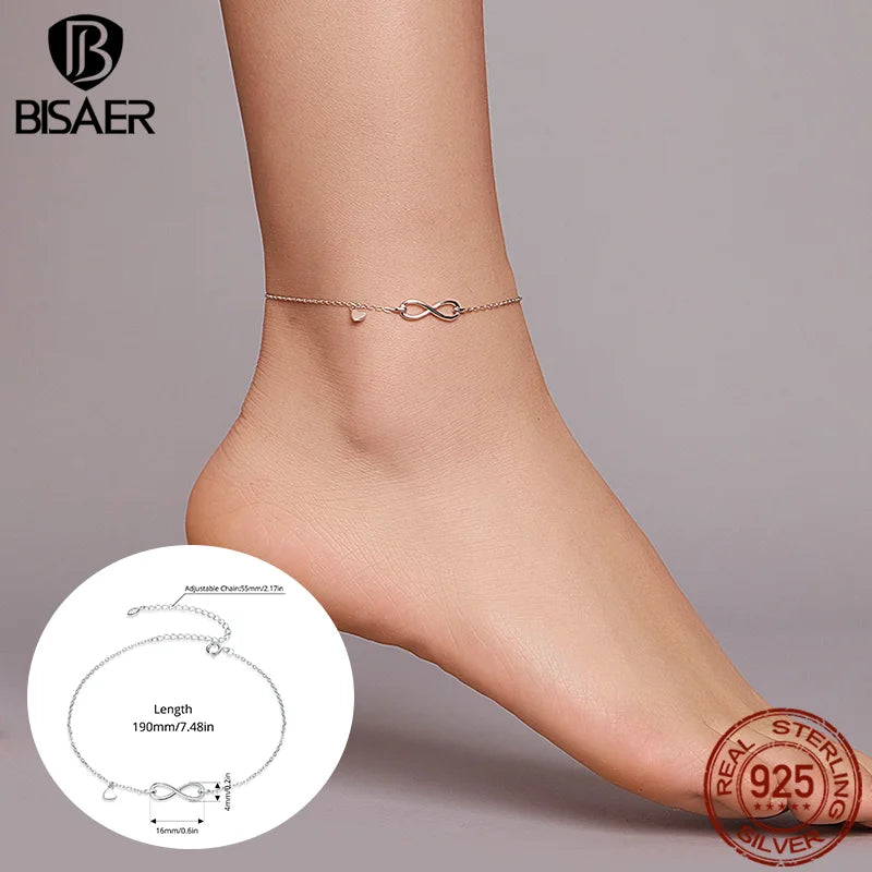 BISAER 925 Sterling Silver Round Beads Anklets,Waterproof Hypoallergenic Infinite Love Chain For Women Fine Jewelry Holiday Gift